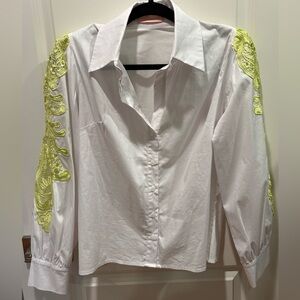 Classic White Button-Front Blouse with Neon Lime Sleeve Embroidery